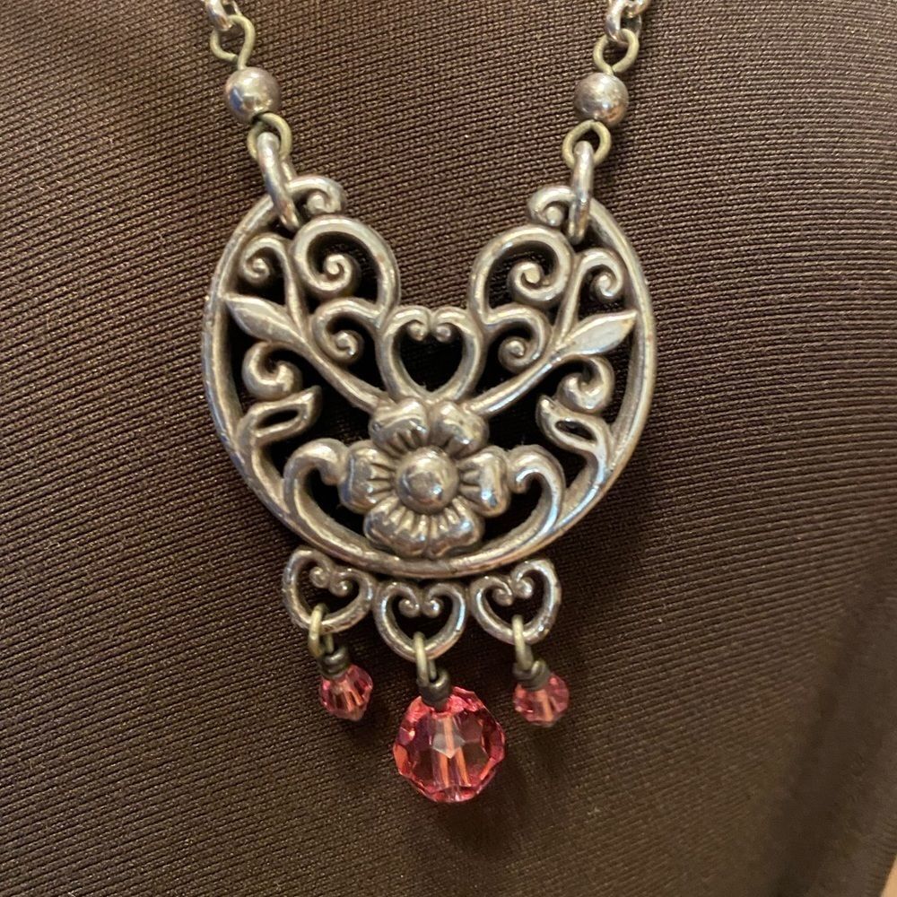 BRIGHTON Silver and pink crystal floral pendant necklace with loop chain